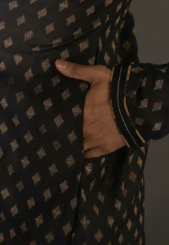 Hand Embroidered Neckline Cotton Silk Kurta Set in Black