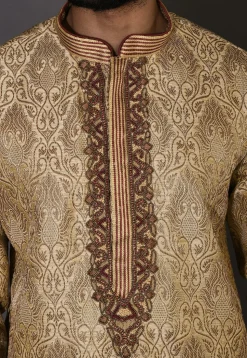 Hand Embroidered Neckline Art Silk Dhoti Kurta in Beige
