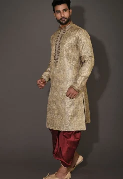 Hand Embroidered Neckline Art Silk Dhoti Kurta in Beige