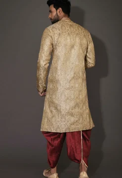 Hand Embroidered Neckline Art Silk Dhoti Kurta in Beige