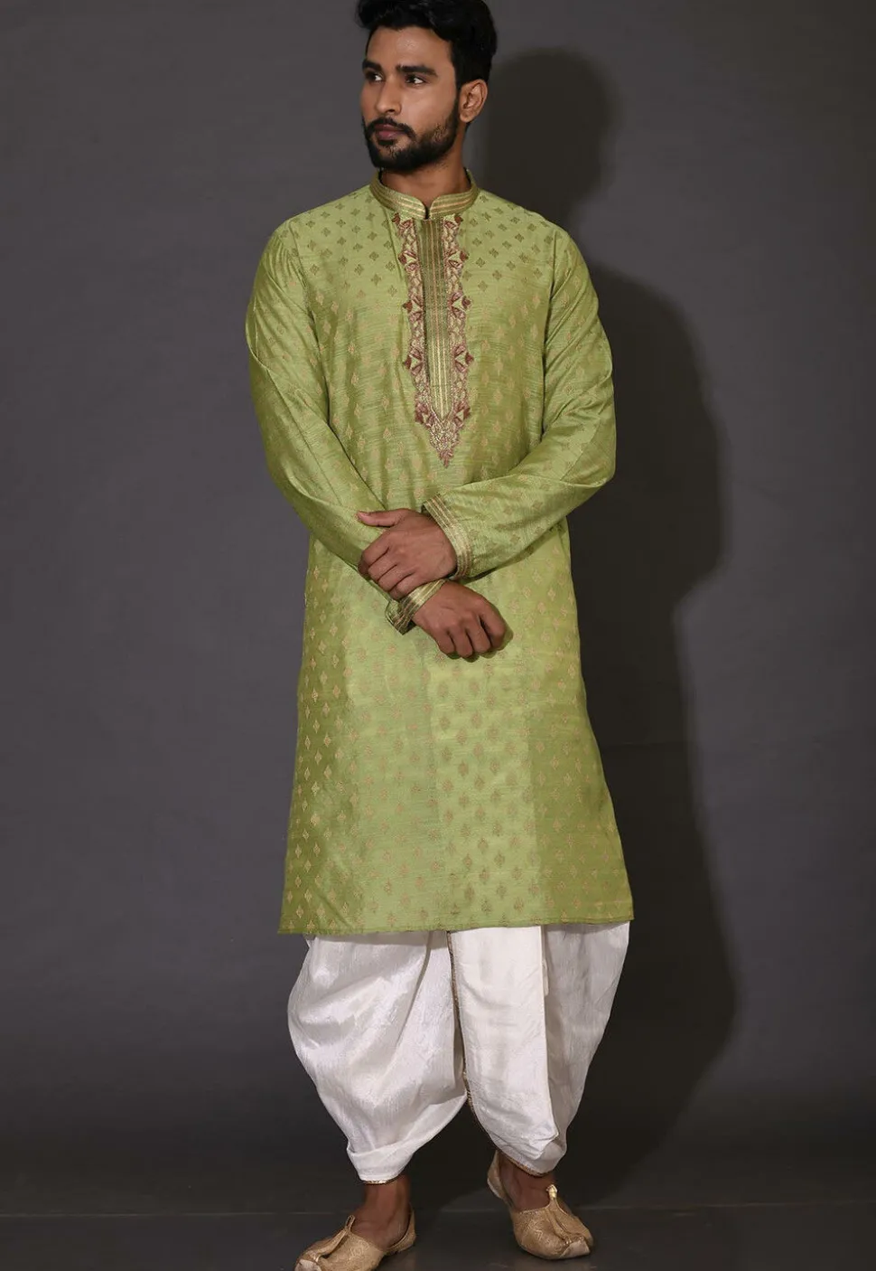 Hand Embroidered Neckline Cotton Silk Dhoti Kurta in Green