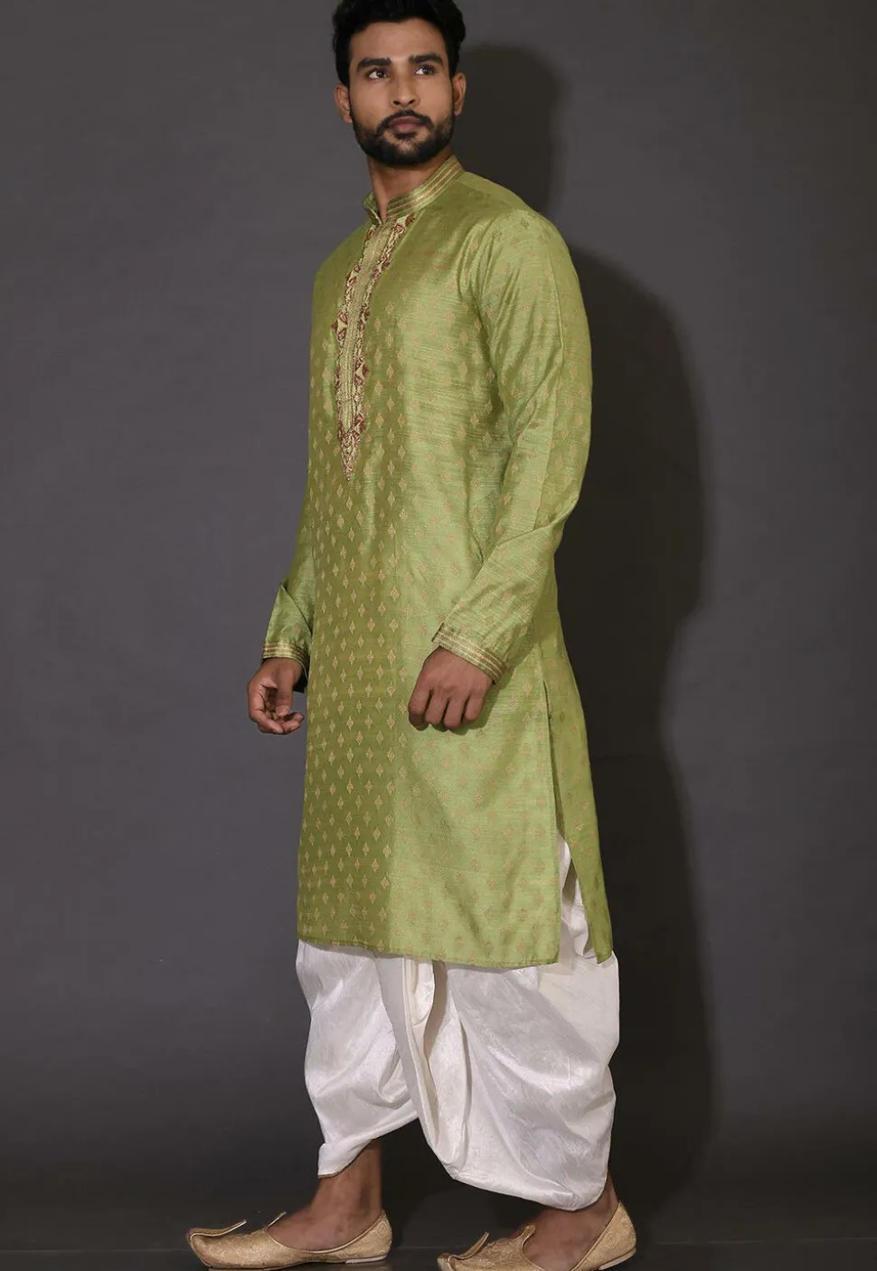 Hand Embroidered Neckline Cotton Silk Dhoti Kurta in Green
