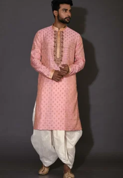 Hand Embroidered Neckline Cotton Silk Dhoti Kurta in Pink