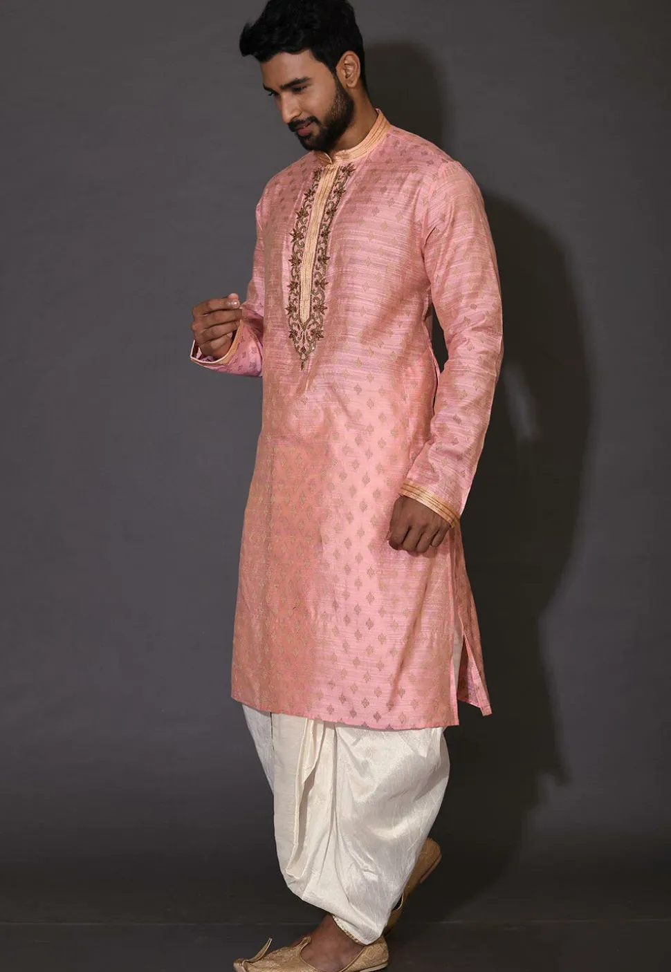 Hand Embroidered Neckline Cotton Silk Dhoti Kurta in Pink