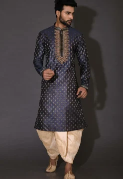 Hand Embroidered Neckline Cotton Silk Dhoti Kurta in Navy Blue