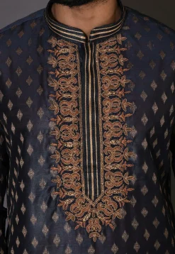 Hand Embroidered Neckline Cotton Silk Dhoti Kurta in Navy Blue