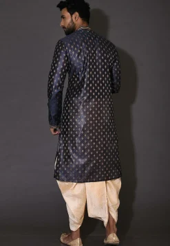 Hand Embroidered Neckline Cotton Silk Dhoti Kurta in Navy Blue
