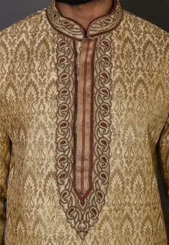 Hand Embroidered Neckline Art Silk Jacquard Kurta Set in Beige