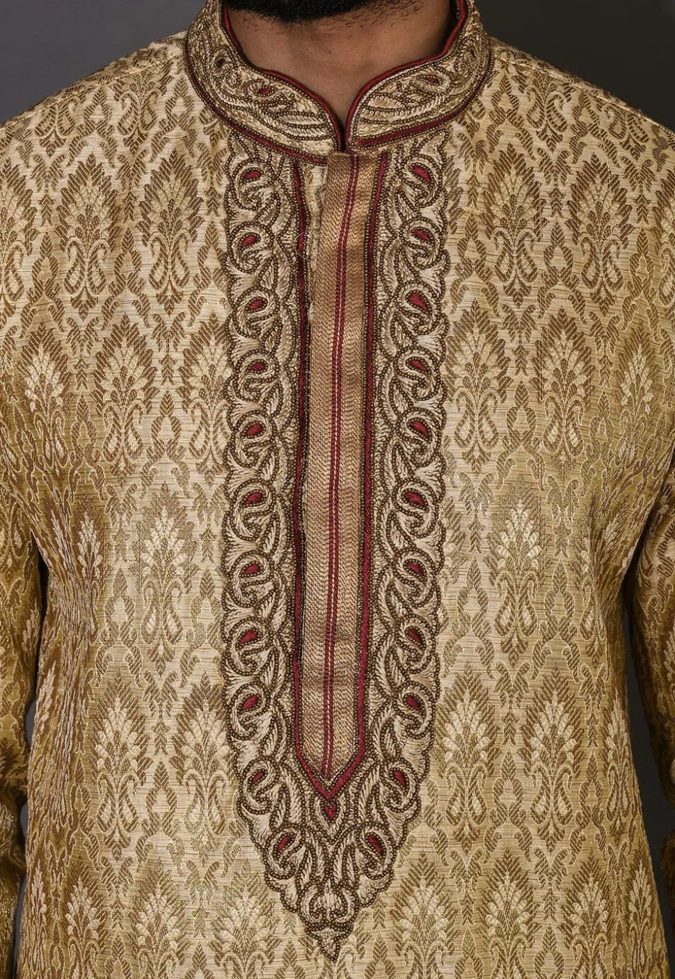 Hand Embroidered Neckline Art Silk Jacquard Kurta Set in Beige