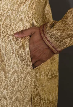 Hand Embroidered Neckline Art Silk Jacquard Kurta Set in Beige