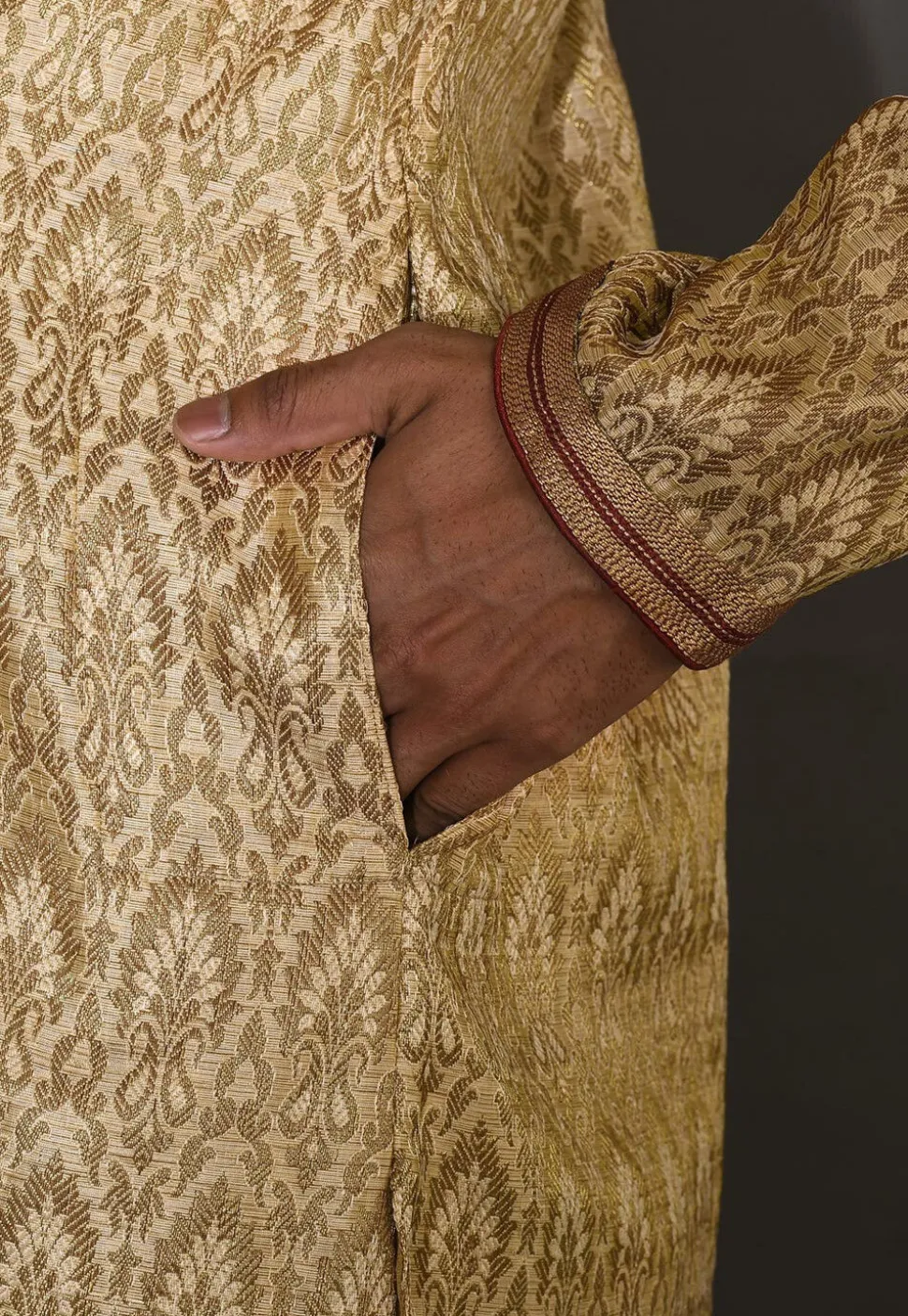 Hand Embroidered Neckline Art Silk Jacquard Kurta Set in Beige