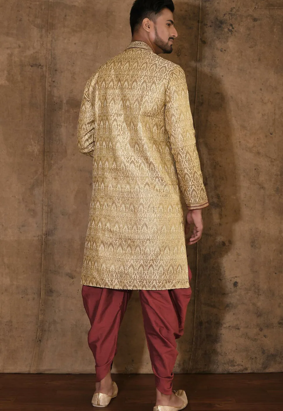 Hand Embroidered Neckline Art Silk Jacquard Kurta Set in Beige