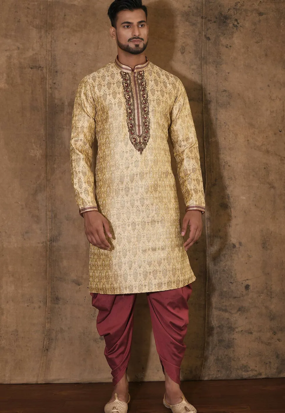 Hand Embroidered Neckline Art Silk Jacquard Kurta Set in Beige