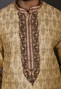 Hand Embroidered Neckline Art Silk Jacquard Kurta Set in Beige