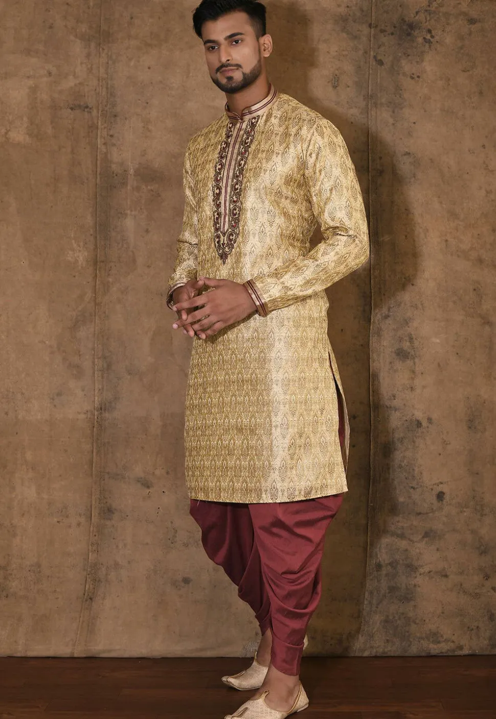 Hand Embroidered Neckline Art Silk Jacquard Kurta Set in Beige
