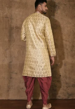 Hand Embroidered Neckline Art Silk Jacquard Kurta Set in Beige