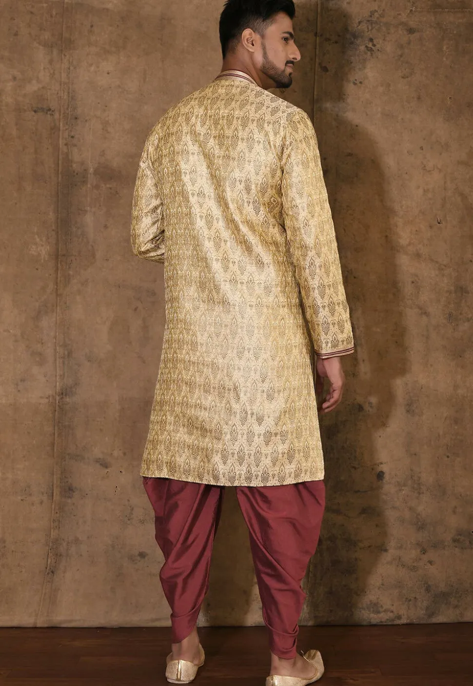 Hand Embroidered Neckline Art Silk Jacquard Kurta Set in Beige
