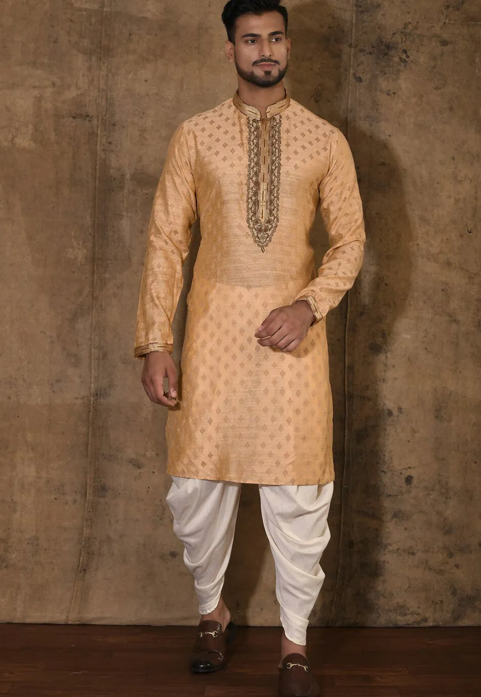 Hand Embroidered Neckline Cotton Silk Kurta Set in Beige