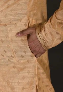 Hand Embroidered Neckline Cotton Silk Kurta Set in Beige