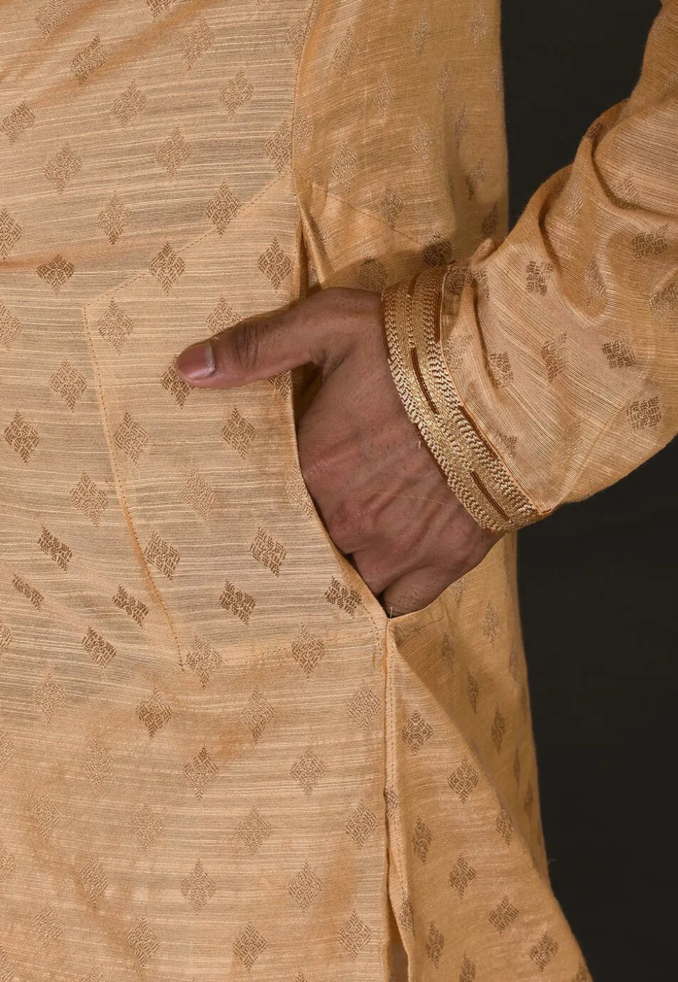 Hand Embroidered Neckline Cotton Silk Kurta Set in Beige