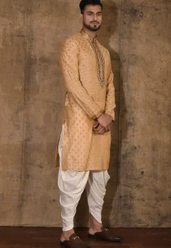 Hand Embroidered Neckline Cotton Silk Kurta Set in Beige