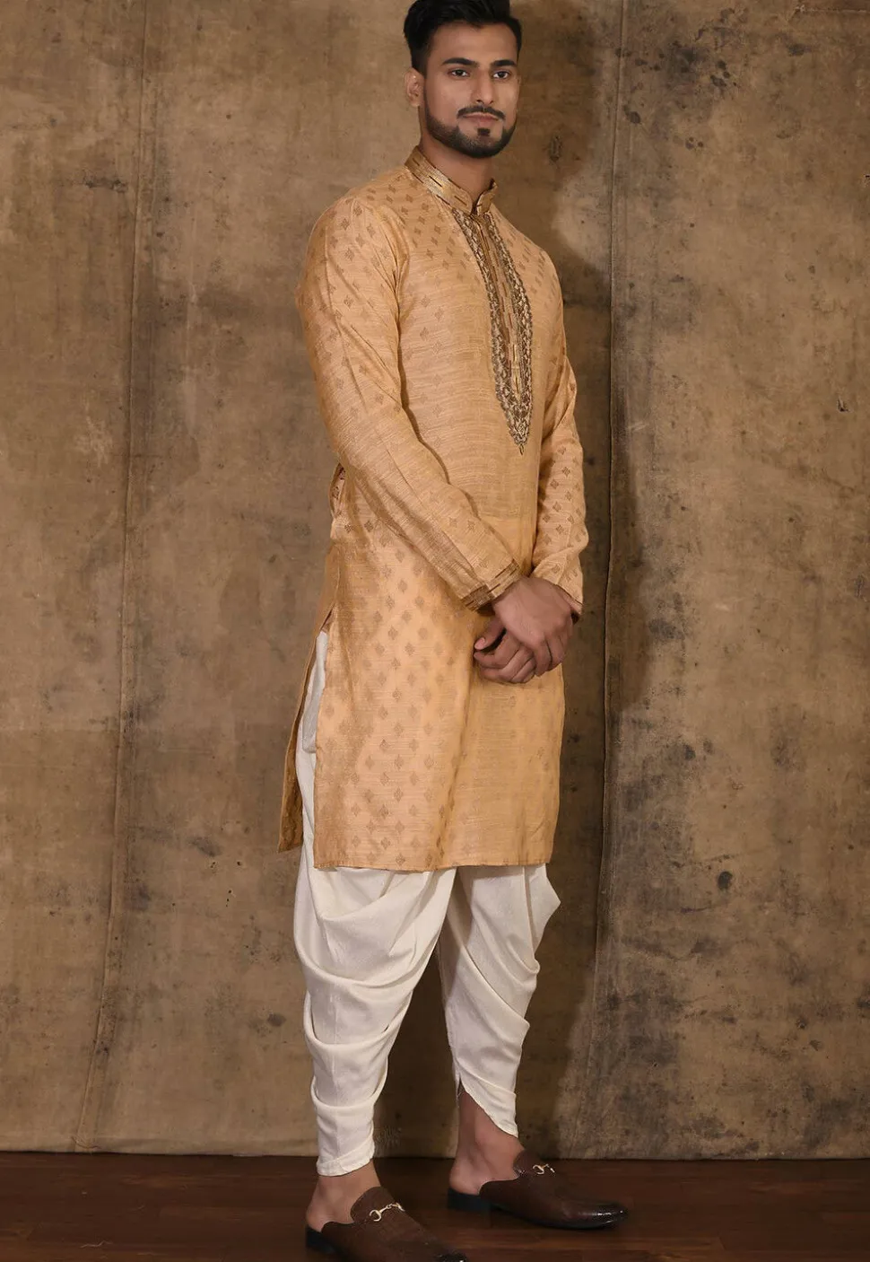 Hand Embroidered Neckline Cotton Silk Kurta Set in Beige