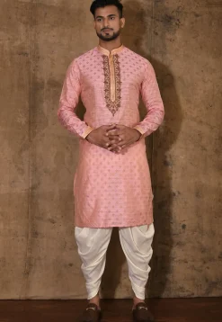 Hand Embroidered Neckline Cotton Silk Kurta Set in Pink