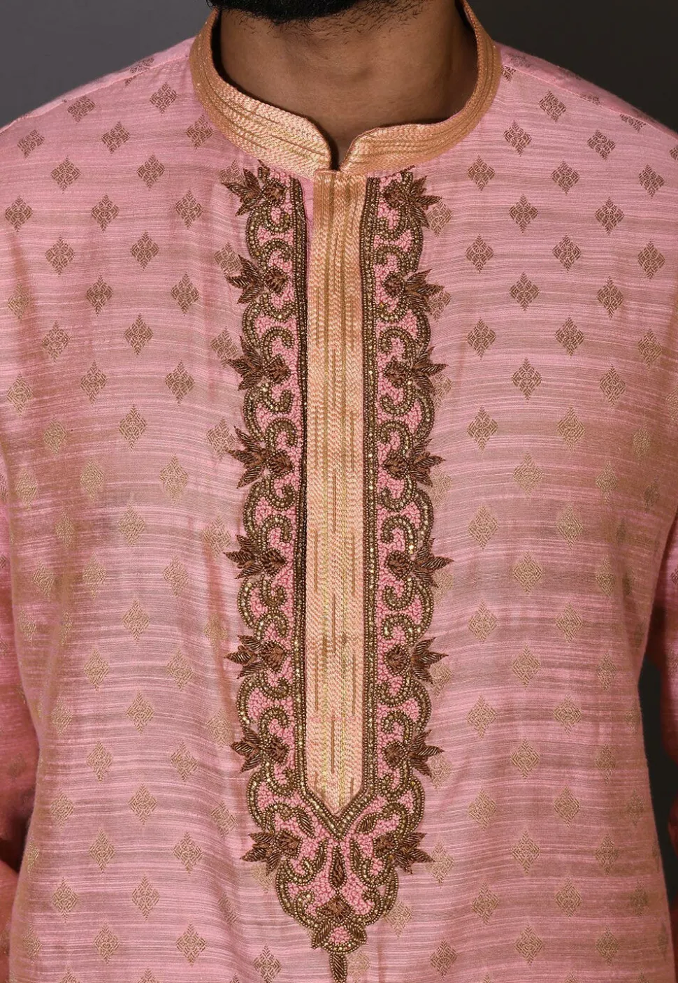 Hand Embroidered Neckline Cotton Silk Kurta Set in Pink