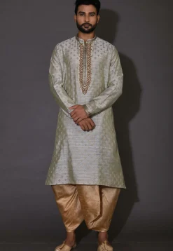 Hand Embroidered Neckline Cotton Silk Dhoti Kurta in Grey
