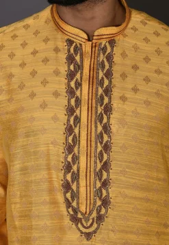 Hand Embroidered Neckline Cotton Silk Kurta Set in Yellow