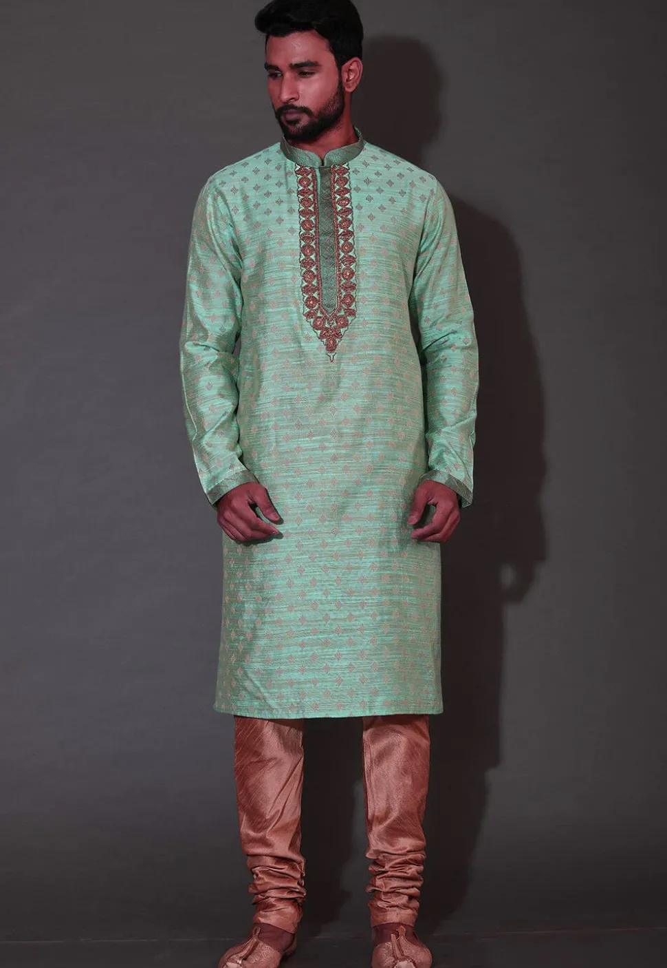 Hand Embroidered Neckline Cotton Silk Kurta in Turquoise