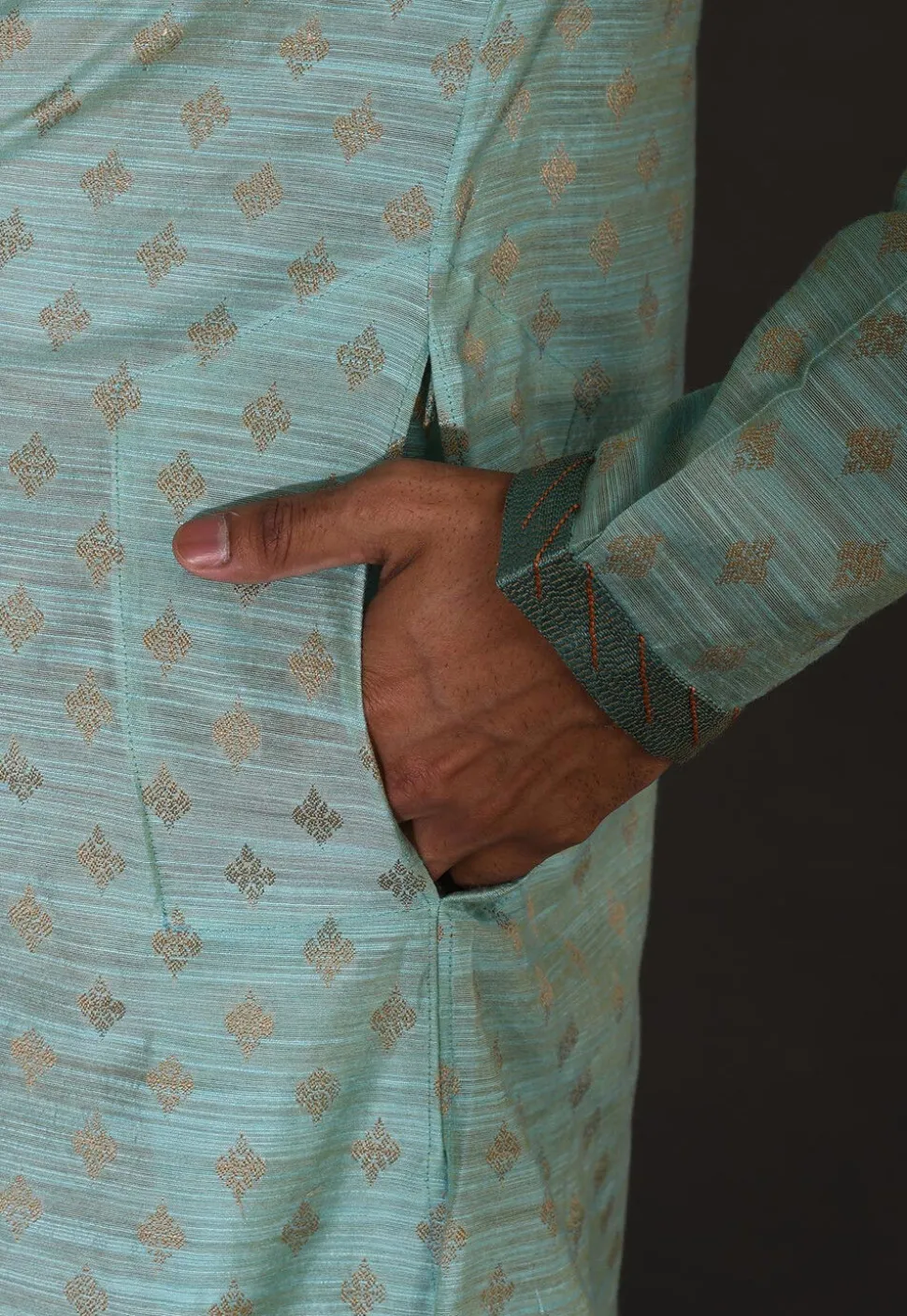 Hand Embroidered Neckline Cotton Silk Kurta in Turquoise
