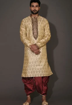 Hand Embroidered Neckline Art Silk Dhoti Kurta in Beige
