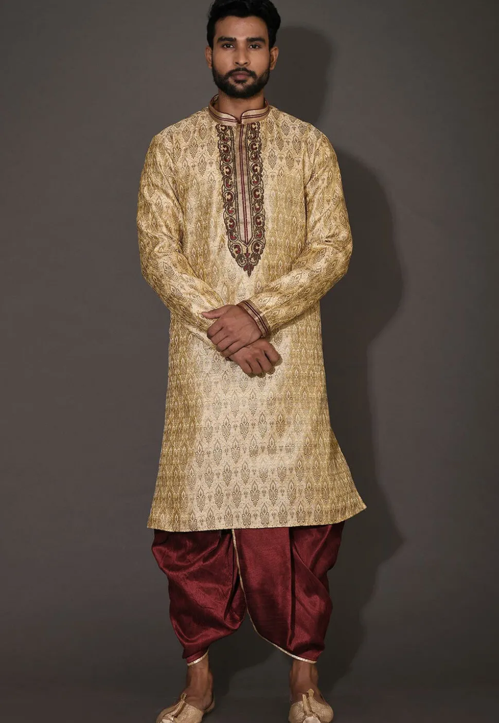 Hand Embroidered Neckline Art Silk Dhoti Kurta in Beige