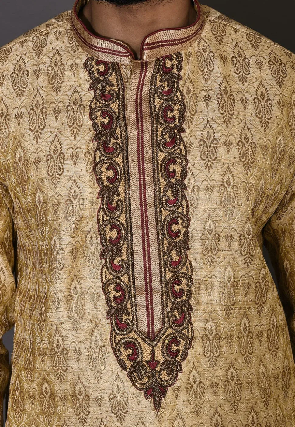 Hand Embroidered Neckline Art Silk Dhoti Kurta in Beige
