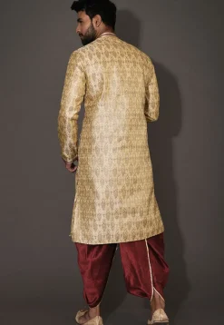 Hand Embroidered Neckline Art Silk Dhoti Kurta in Beige