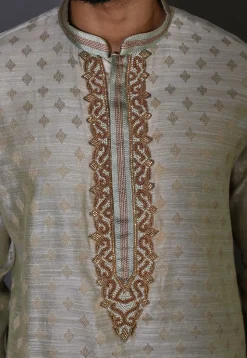 Hand Embroidered Neckline Cotton Silk Kurta Set in Grey