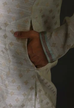 Hand Embroidered Neckline Cotton Silk Kurta Set in Grey