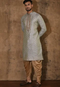 Hand Embroidered Neckline Cotton Silk Kurta Set in Grey