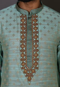 Hand Embroidered Neckline Cotton Silk Dhoti Kurta in Turquoise