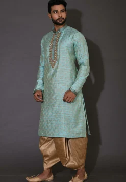 Hand Embroidered Neckline Cotton Silk Dhoti Kurta in Turquoise