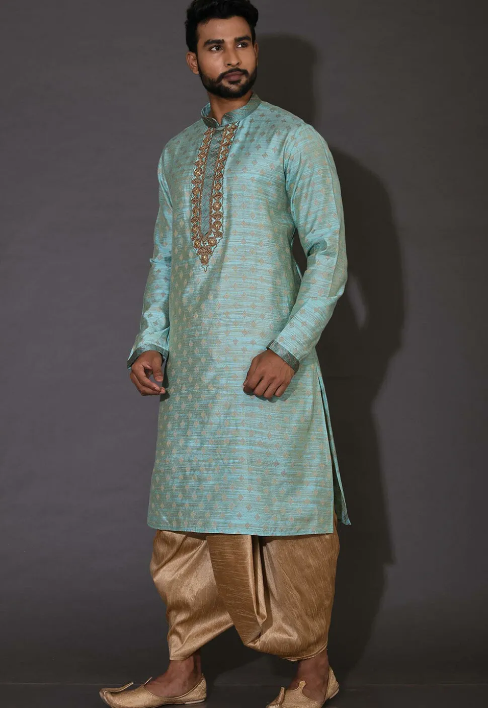 Hand Embroidered Neckline Cotton Silk Dhoti Kurta in Turquoise