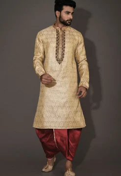 Hand Embroidered Neckline Art Silk Dhoti Kurta in Beige