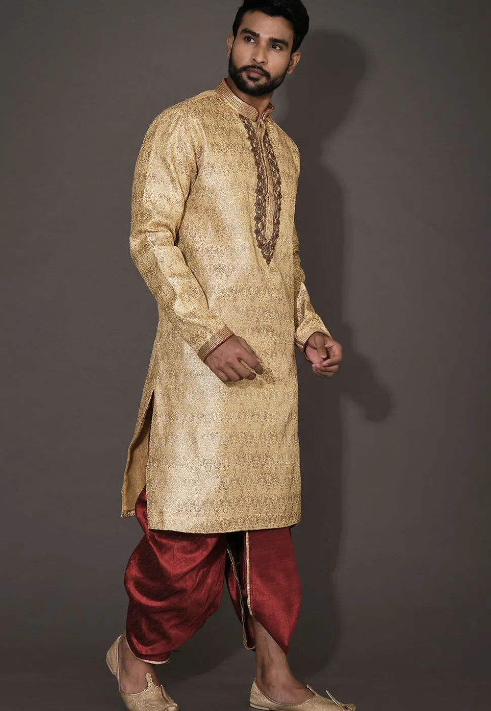 Hand Embroidered Neckline Art Silk Dhoti Kurta in Beige