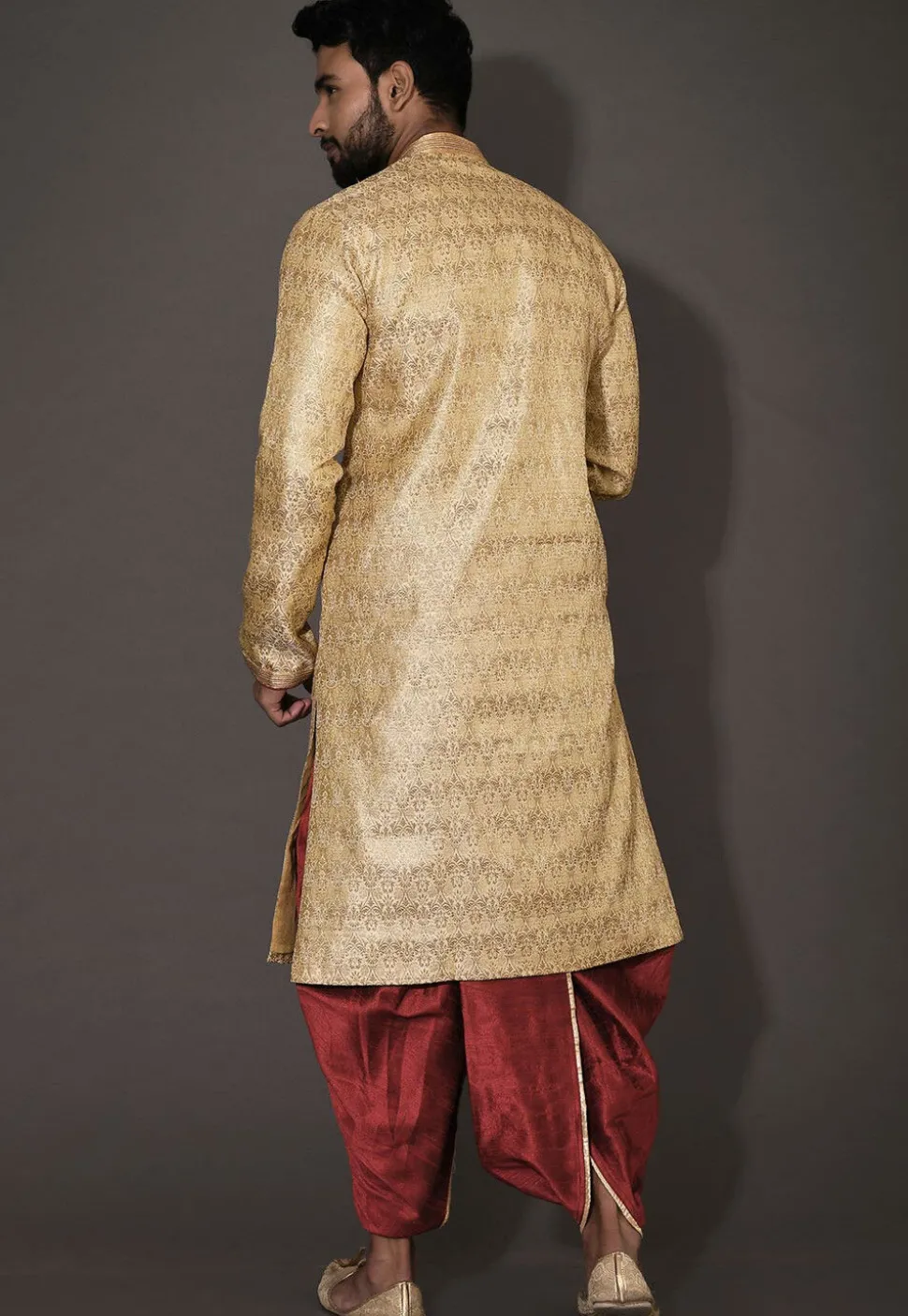 Hand Embroidered Neckline Art Silk Dhoti Kurta in Beige