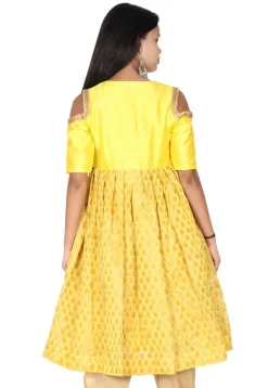 Hand Embroidered Neckline Chanderi Silk Pleated Kurti in Yellow