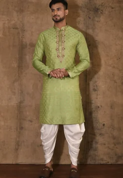 Hand Embroidered Neckline Cotton Silk Kurta Set in Green
