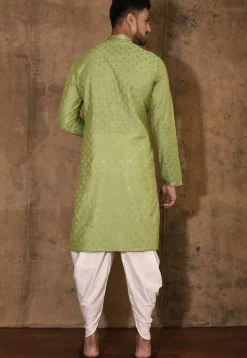 Hand Embroidered Neckline Cotton Silk Kurta Set in Green