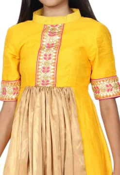 Hand Embroidered Neckline Georgette A Line Suit in Yellow and Golden