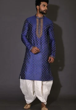 Hand Embroidered Neckline Cotton Silk Dhoti Kurta in Royal Blue